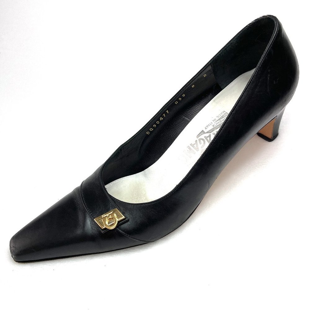 Auc Ferragamo Gold Logo kitten heel leather shoes - Picture 5 of 11